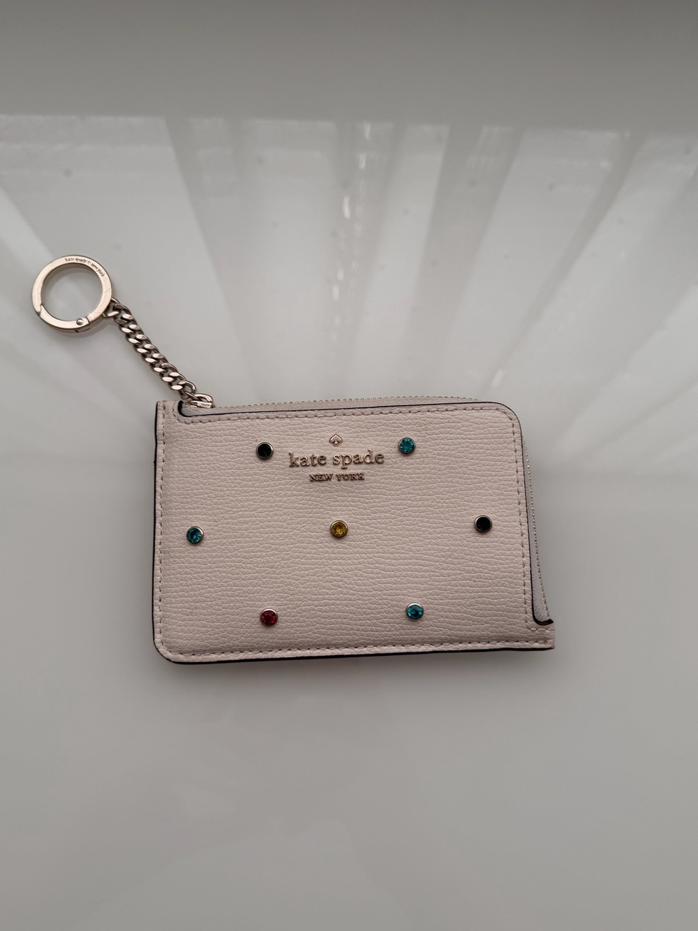 Kate Spade Cream Leather Jeweled Key & Card Holder with Chain